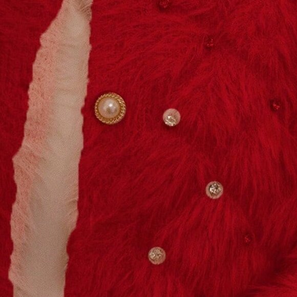 Red Casual Women's V-Neck Studded Fuzzy soft Cardigan Sweater - Picture 7 of 7